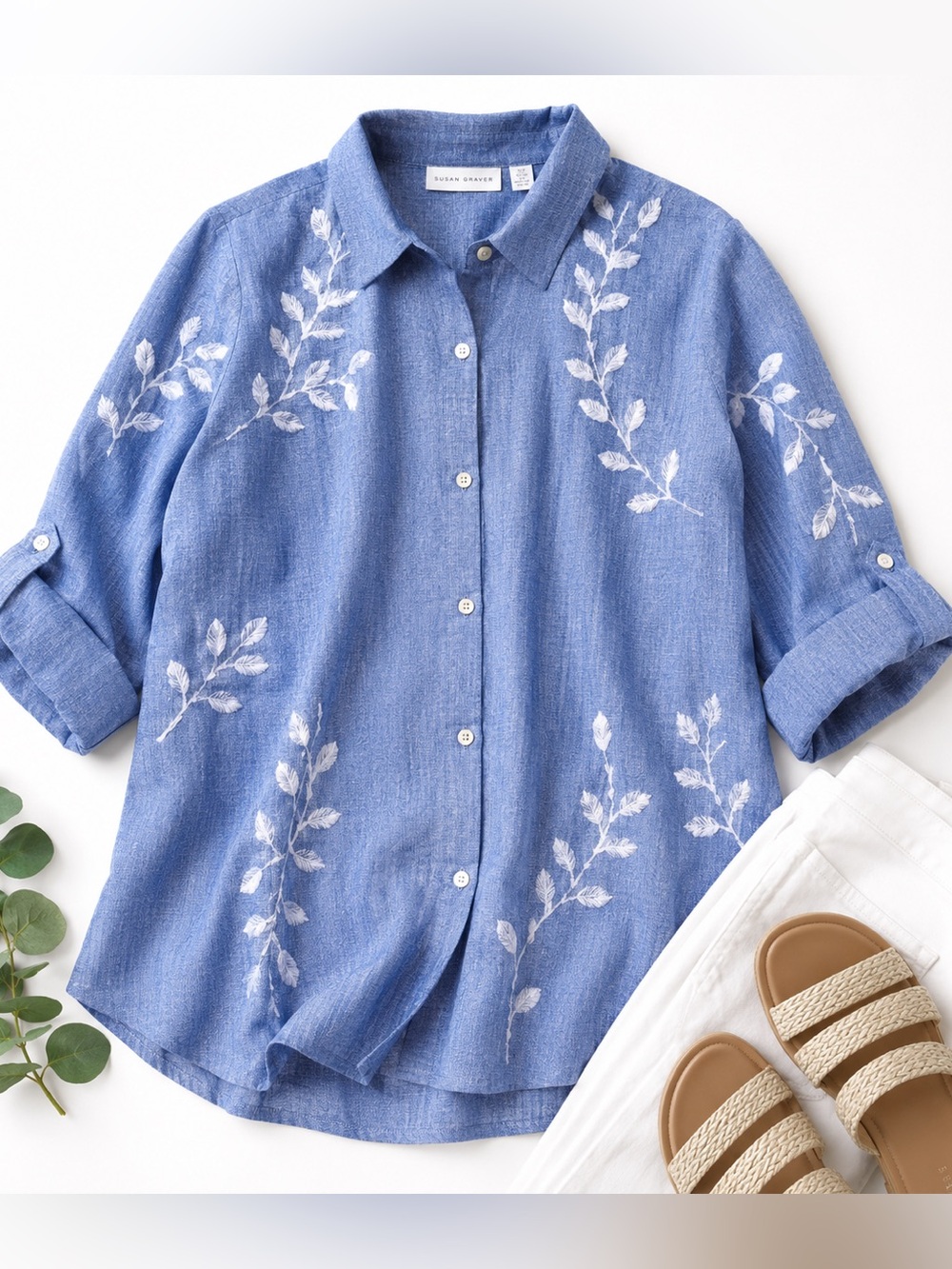 Susan Graver Linen Blend Chambray Leaf Tunic Button Front Medium